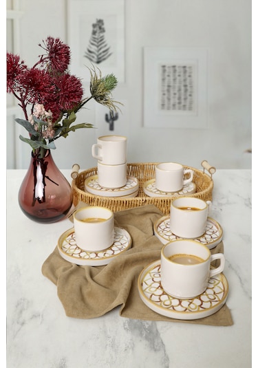 Keramika Worn Gold Stackable Çay Takımı 12 Parça 6 Kişilik