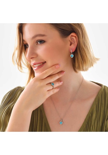 Casera's Gümüş Turkuaz Taşlı Kalpli Kadın Set Csr2185194 Gümüş