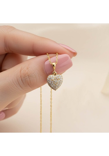 925 Ayar Gümüş Taşlı Bombeli Kalp Kolye Gold
