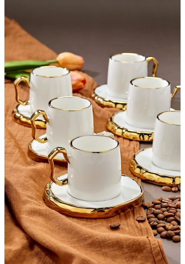 Carmen 6 Kişilik Porselen Gold Detaylı Çay Fincan Takımı Beyaz