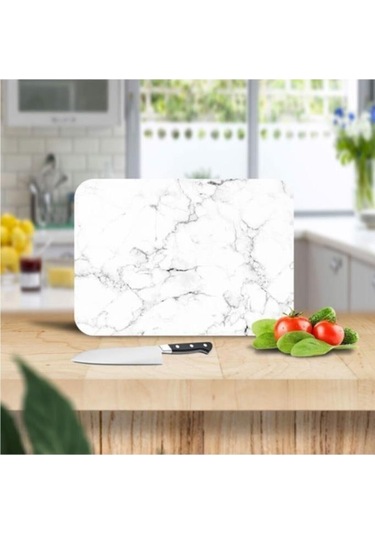 Siyah Beyaz Mermer Desenli Cam Kesim Tablası 20x30 cm