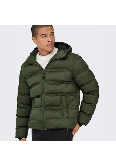 Only&sons Union Seamless Life Puffer Erkek Haki Kapüşonlu Mont Haki