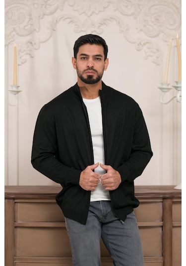Woolen World Regular Fit Dik Yaka İnce Baharlık Triko Hırka Siyah