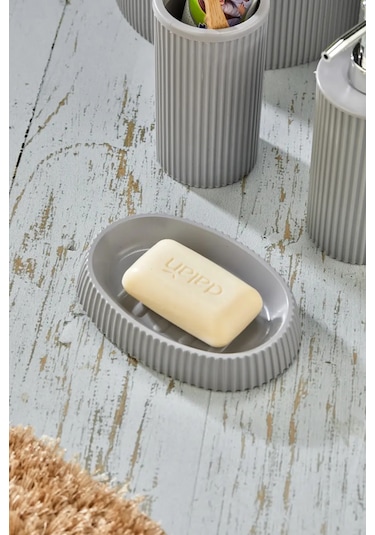 Line 5 Parça Yuvarlak Banyo Seti - Çöp Kovası Wc Fırçası Sıvı-katı Sabunluk Diş Fırças Gri