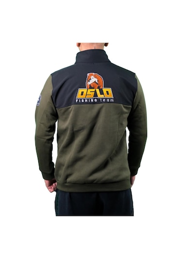 Oslo Fisherman Balık Nakışlı Fermuarlı Sweatshirt Haki - Siyah