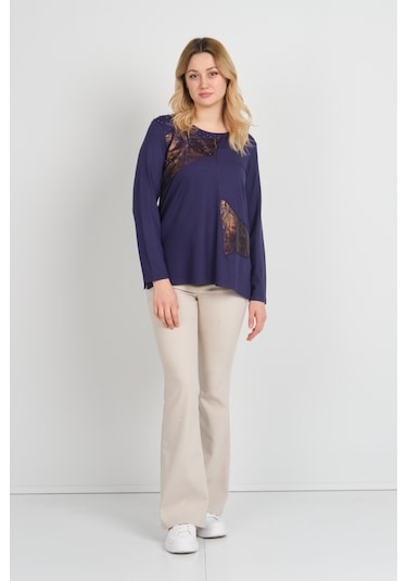 Detay Triko Kadın Boncuk İşlemeli Parlak Desenli Uzun Kol Anne Bluz 5744 Mor Mor