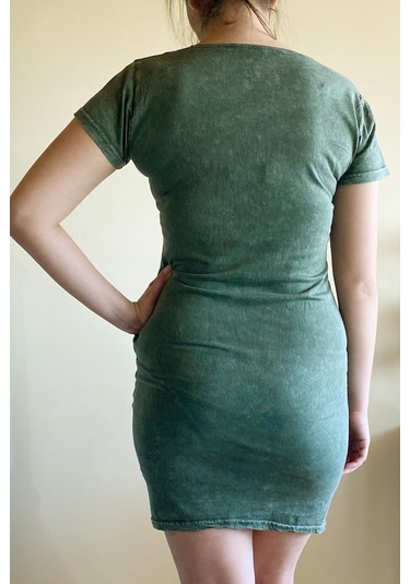 Kadın Önü Yazılı Taşlarla Süslenmiş Haki Elbise-668 Haki