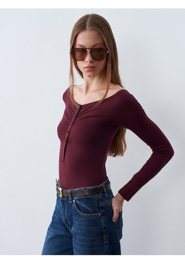 Dilvin 32661 Düğme Detaylı Bodysuit-bordo