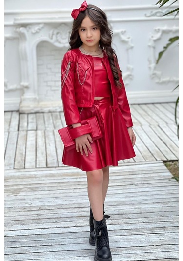 Riccotarz Kız Çocuk Zincir Detaylı Ceket Beli Manşetli Etek Ve Croplu Kırmızı Etekli Takım Kırmızı