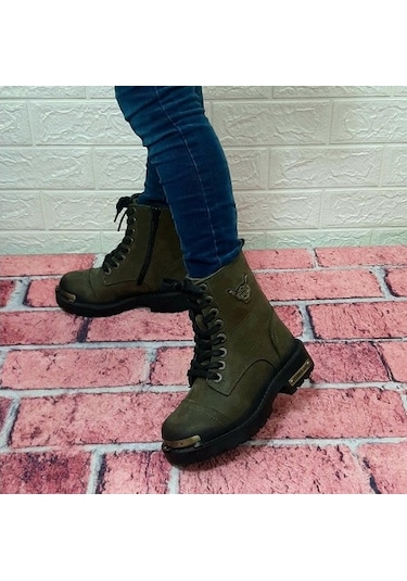 Hammerjack 17600.F Haki Hakiki Deri Fermuarlı Bağcıklı Çocuk Bot