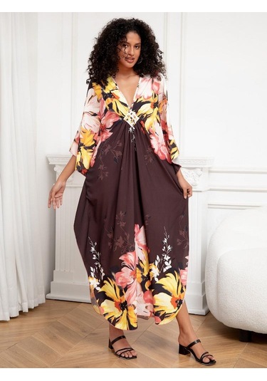 Edolynsa Şık Bohem Kadın Kaftan Kaftan Büyük Beden Ev Elbisesi Yarasa Kol Ev Giyim Mayo Örtüsü Ev Giyim Q1289 Çok Renkli