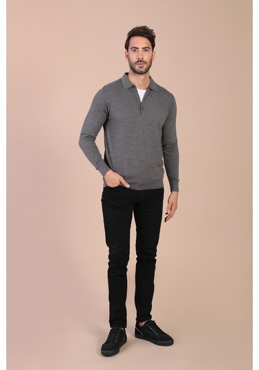 Ferraro Polo Yaka Superfine Yün Kazak - Gri Gri