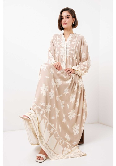 Gabria Ön Düğmeli Desenli Viskon Elbise Taş