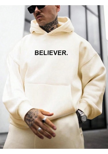 Erkek Believer Baskılı Oversize Kapşonlu Sweatshirt 001
