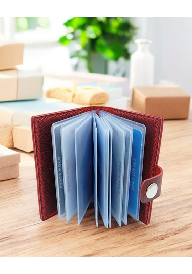 Cronder Hakiki Deri Şeffaf Bölmeli Kartlık Cüzdan Kırmızı