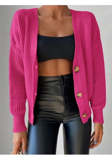 Saklımoda Kadın Uzun Kollu Düğme Detay Triko Bluz Pembe