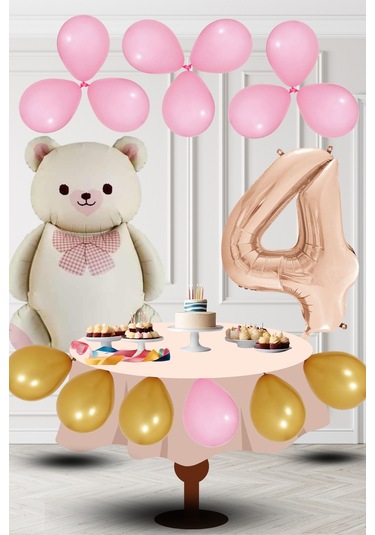 4 Yaş Retro Folyo Krem Ayıcık Pembe Gold Balon Rose Gold Rakam Doğum Günü Süsleme KREM