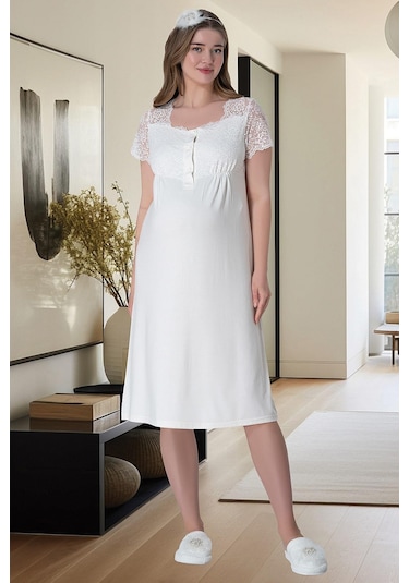 Mecit Pijama Mecit 6013 Ekru Hamile Lohusa Gecelik