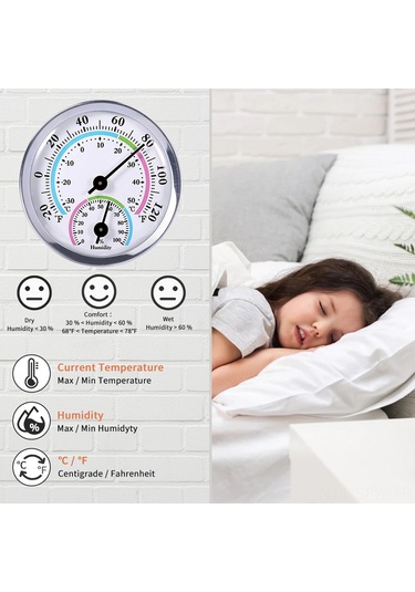 Maiyame Duvar Tutulabilen Kompakt Oda Sıcaklık Nem Ölçeri - Bebek Aileleri İçin Gerekli - Pil Gerekmez - Gümüş Renk