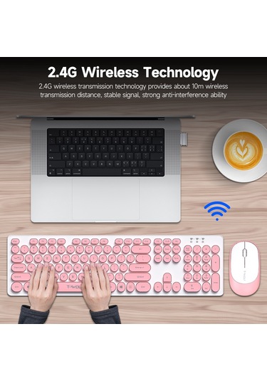 Lemestar T-wolf Tf770 Retro 2.4g Kablosuz Klavye Seti - Pembe Renk, Sessiz Tuşlar, Geniş Uyumluluk