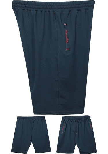 Büyük Beden 110 - 155 Kilo Arası İçin Uygun Bedenli Cepleri Nakış Detaylı Likralı Penye Erkek Şortu Lacivert