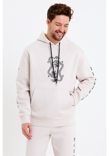 JAHR MARC Ejderha Baskılı Krem Oversize Erkek Sweatshirt Krem