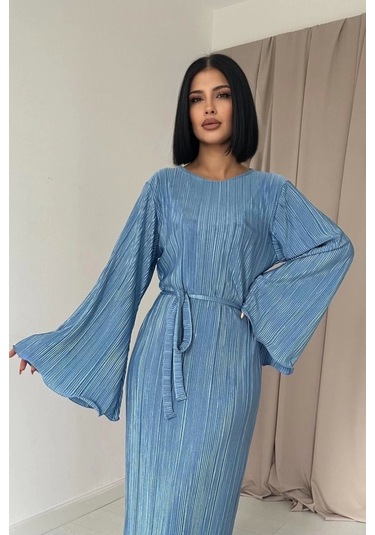 Mavi İspanyol Kol Piliseli Elbise Mavi