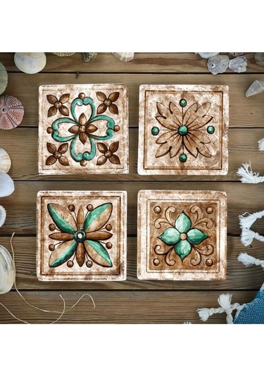 Baskılı Doğaltaş Bardak Altlığı 4'lü Set - Hint Desenli Doğal Taş Bardak Altı Çok Renkli