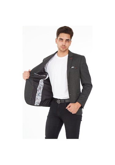 Sposo 5112  Dar Kalıp Örme Kumaş Siyah Erkek Blazer Ceket Siyah
