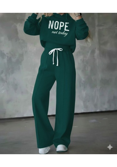 Tua Moda Kadın Uzun Kollu Nope Baskılı Beli Ribanalı Ikili Takım Yeşil