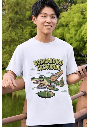 Bombardino Crocodilo Tişört Bombarıddıno Crocodil Çocuk T-shirt Tung Sahur Yetişkin Unisex Tişört Beyaz