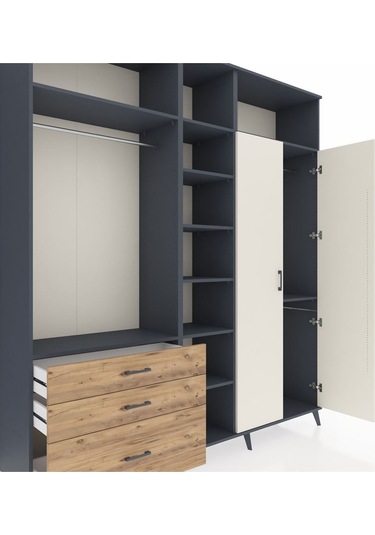 Hyperion Dolap 10 Raflı 3 Çekmeceli 2 Askılı 220x44x243 Antrasit-aytaşı/çam Aytası/atlas Çam