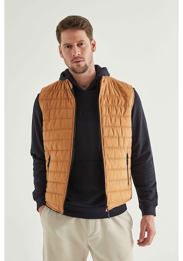 Ds Damat Regular Fit Safran Dik Yaka Elyaf Dolgulu Mevsimlik Fermuarlı Yelek Mont 7HF07ORT42611