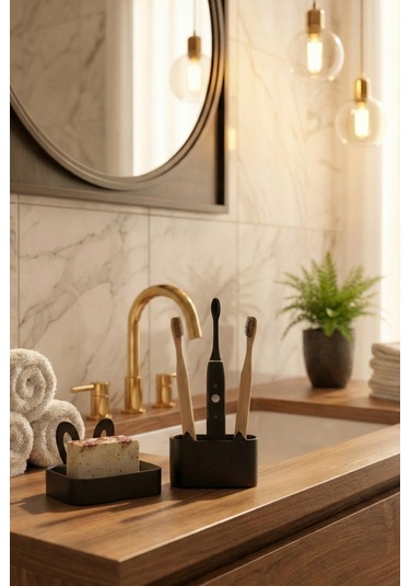 Oxyteez Dekoratif Banyo Sabunluk Seti Siyah Renk Reçine Tasarım Ev Ve Ofis Dekorasyonu