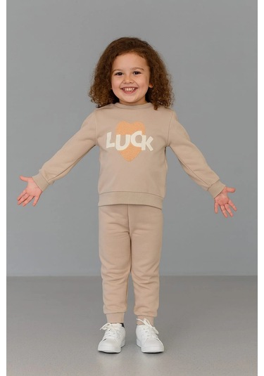 Luck Kalpli %100 Pamuk Çocuk Eşofman Takımı Bej