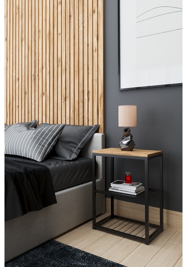 Metal Ayaklı Dekoratif Tel Raflı Komodin Atlantik Çam Atlantik Çam