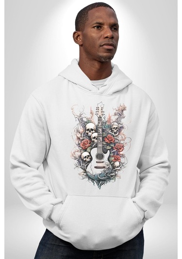 Gitar Kafatası Güller Doğa Uyumu Kadın Erkek Beyaz Kapüşonlu Sweatshirt Hoodie Beyaz