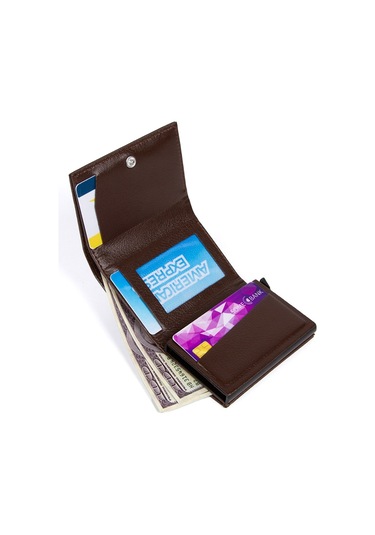 Tuldar Erkek Rfıd Otomatik Çekim Koruyucu Mekanizmalı Kağıt Para Bölmeli Hediyelik Kartlık Cüzdan Tul605 - Kahverengi