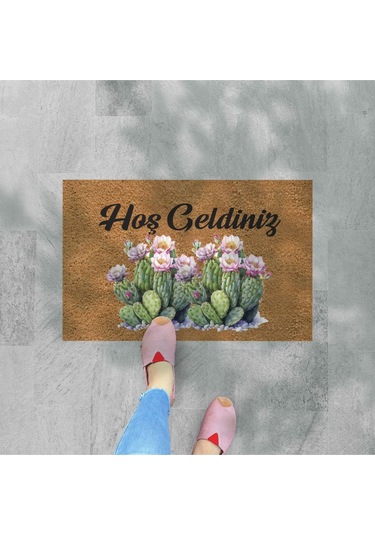 Renkli Kaktüsler Temalı Coco Görünümlü Dekoratif Kapı Önü Ve Iç Mekan Paspası Yıkanabilir Nem Alıcı Bej