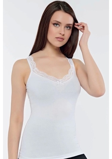 Kolcu Ribana Omuz Dantel Kadın Atlet -kb2590-beyaz Beyaz