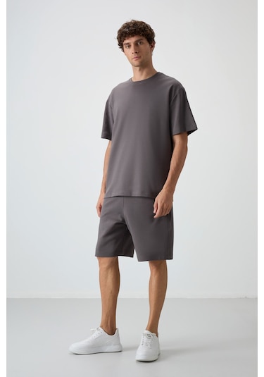 Tommy Life Koyu Gri Pamuklu Kalın Yumuşak Dokulu Oversize Fit Basic Erkek Şort Takım - 85249