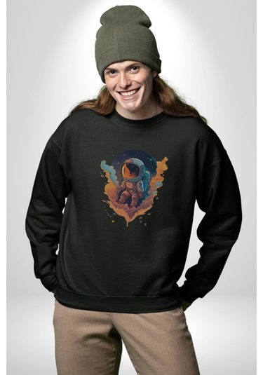 Bulutlar Astronot Uzay Unisex Siyah Baskılı Sweatshirt Siyah