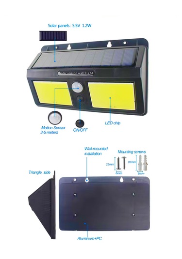 Sensörlü Solar Led Çiftli Duvar Tipi Aplik Led Su Geçirmez 96cob