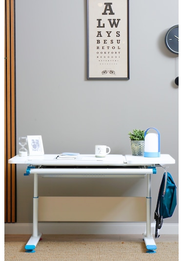 Vega Simple Ayarlanabilir Beyaz Çalışma Masası, Modern Yükseklik Ayarlı Bilgisayar Ve Ofis Masası Mavi