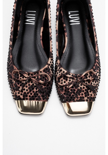 Abra Siyah Sarı Desenli Taşlı Fiyonklu Kadın Babet Ayakkabı Siyah Sarı