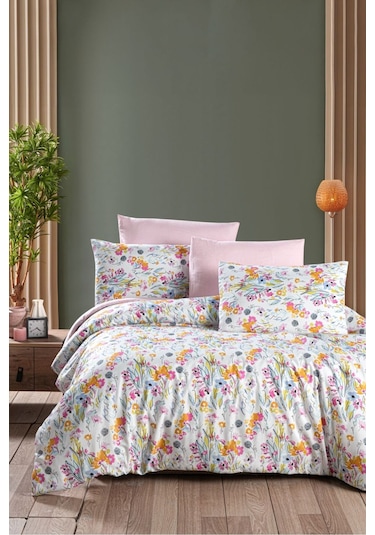 Mystory Home Lastikli Çarşaflı Çift Kişilik Nevresim Takımı Lily Pembe - Turuncu