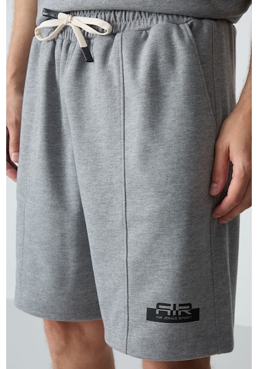 Gri Melanj Pamuklu Kalın Yumuşak Dokulu Oversize Fit Basic Erkek Şort Takım - 85259 GRİ MELANJ
