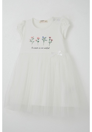 Breeze Kız Çocuk Elbise Çiçek Baskılı Tüllü Fiyonk Detaylı 1.5-5 Yaş, Ekru Ekru