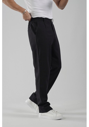 Baggy Fit Kalıp Pamuklu Keten Pantolon Siyah