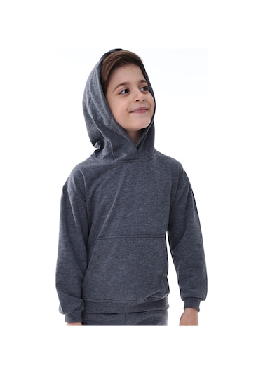 Zuzunga Basic Kapüşonlu Şardonlu Kanguru Cep Detaylı Çocuk Sweatshirt 3-10 Yaş Füme